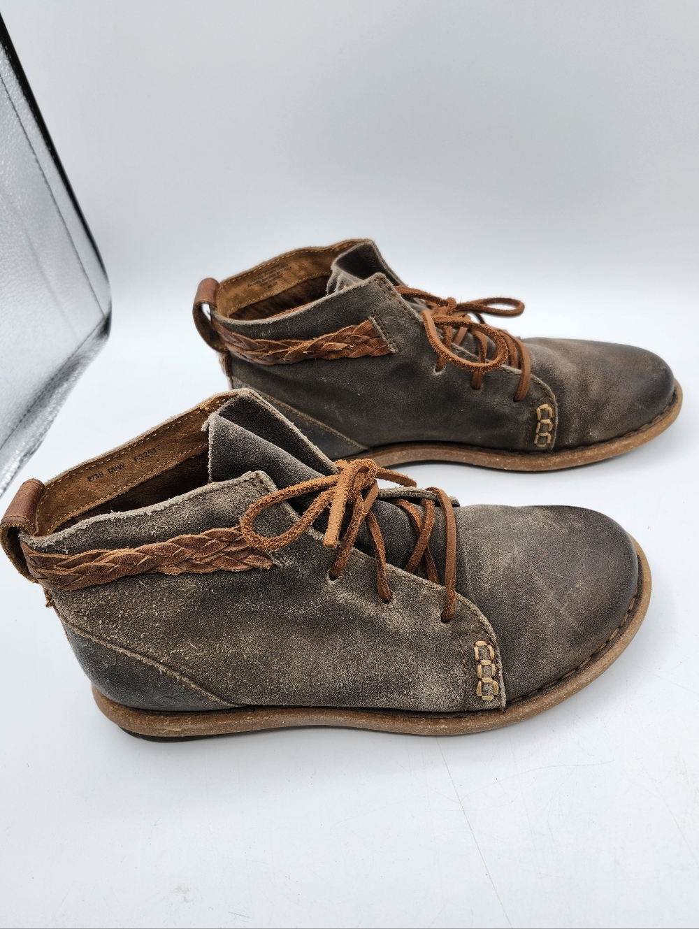 Born VTG Inspired Brown Suede Lace-Up Ankle Walking Boots with Braided Trim 8 - Picture 6 of 9